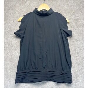 Black Mock Neck Cold Shoulder Pleated Hem Button‎ Back Blouse Top L Party Career